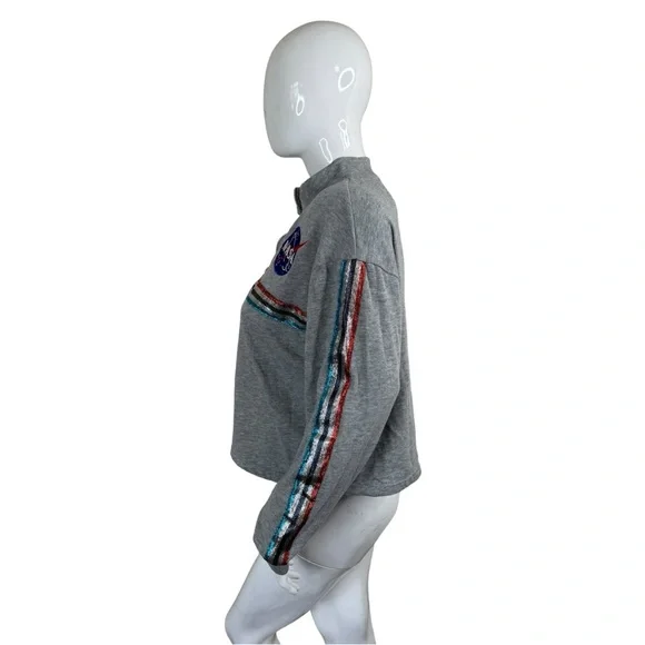 NASA metallic stripes embroidery logo cropped grey pull over light sweater XL - Picture 11 of 14
